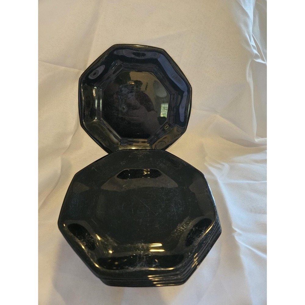 Vintage 7 Pc. Arcoroc France Octime Black Glass Octagon 7.5 inch‎ Salad Plates